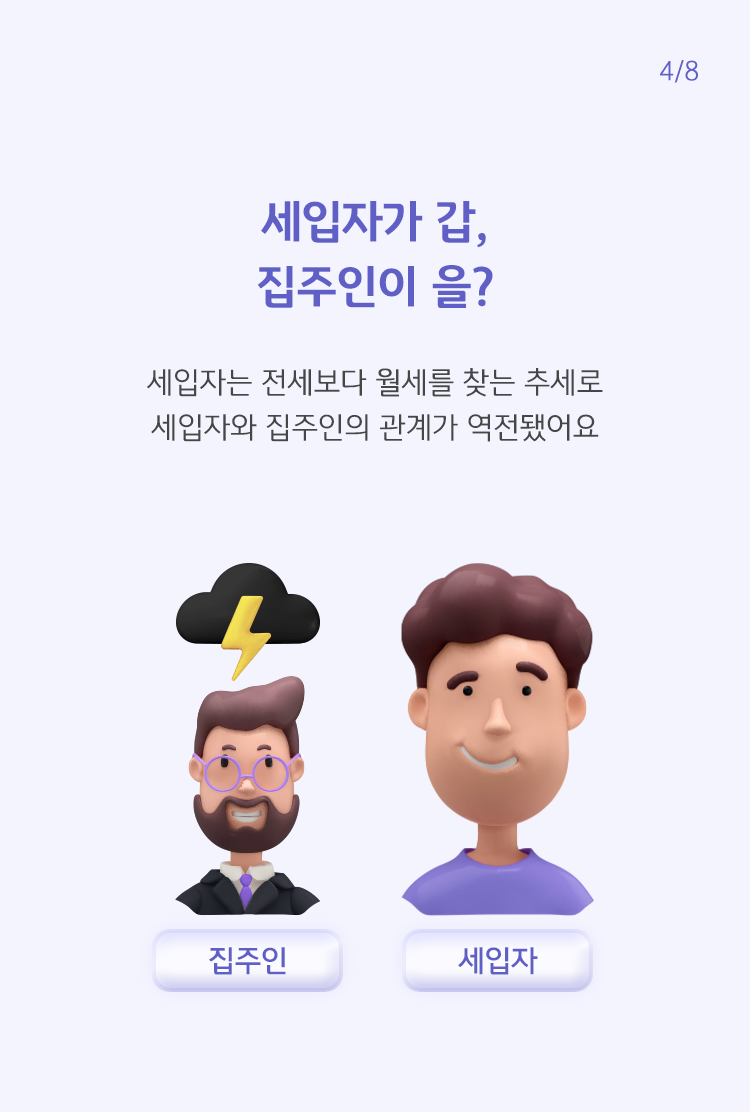 집주인 머리위에는 번개모양이, 세입자는 집주인보다 더 큰이미지에 웃고있는 것을 그려내어 세입자와 집주인의 관계가 역전되었음을 그려내고 있다.