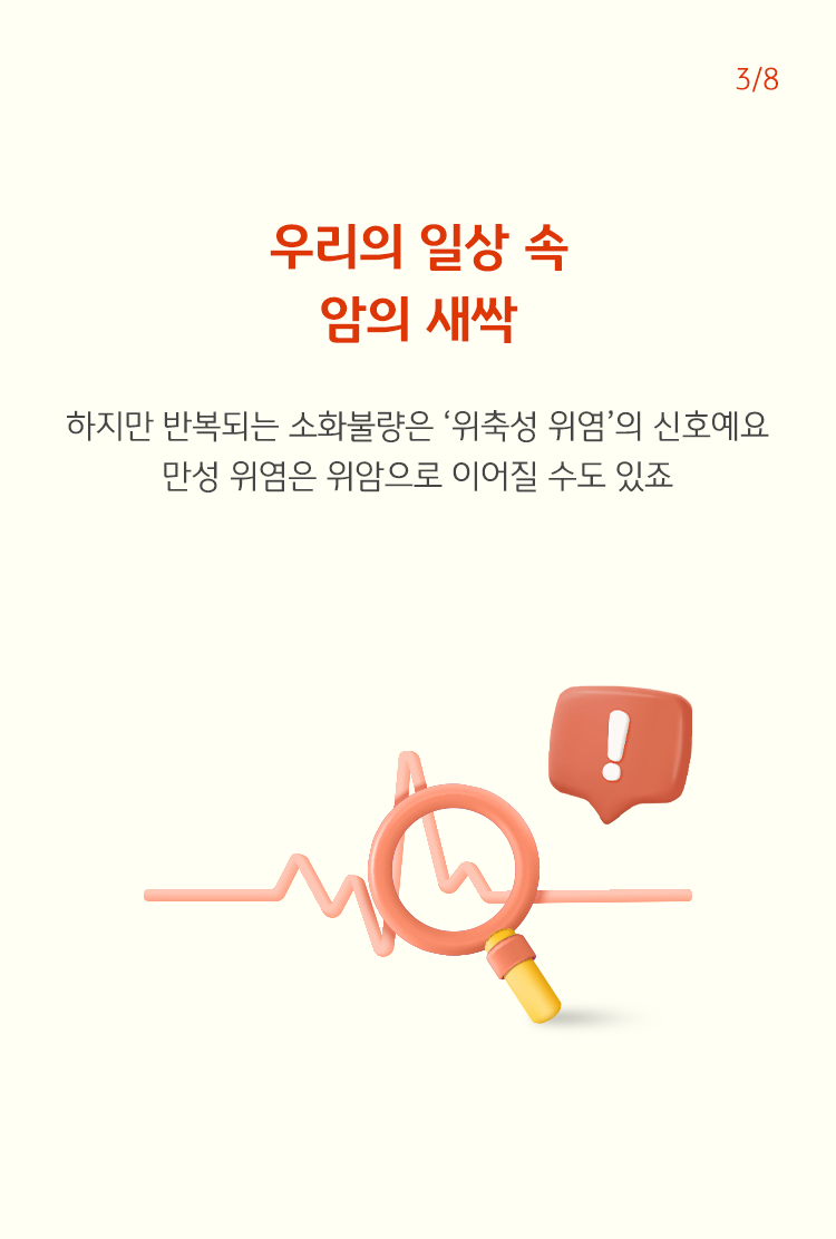 특정 신호를 체크하는 이미지이다. 반복되는 소화불량은 위축성 위염의 신호이며, 만성 위염은 위암으로 이어질 수 있다는 것을 설명하고 있다.