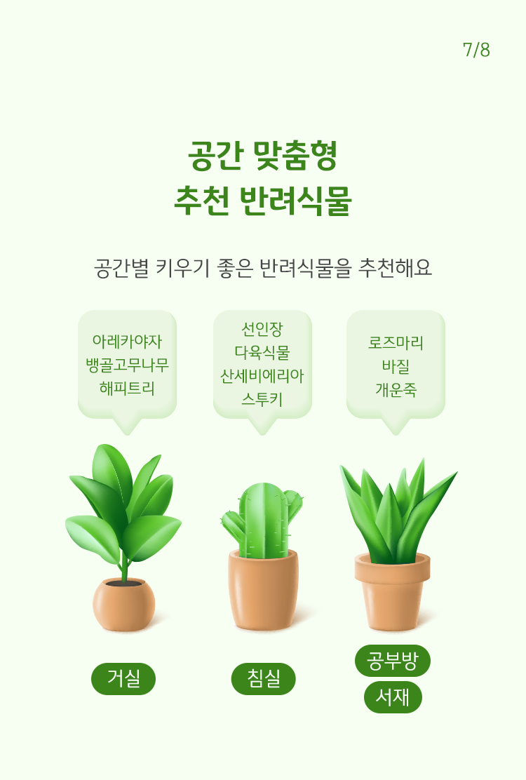 거실, 침실, 공부방, 서재 별 공간 맞춤형 추천 반려식물 그림이 그려져있다.