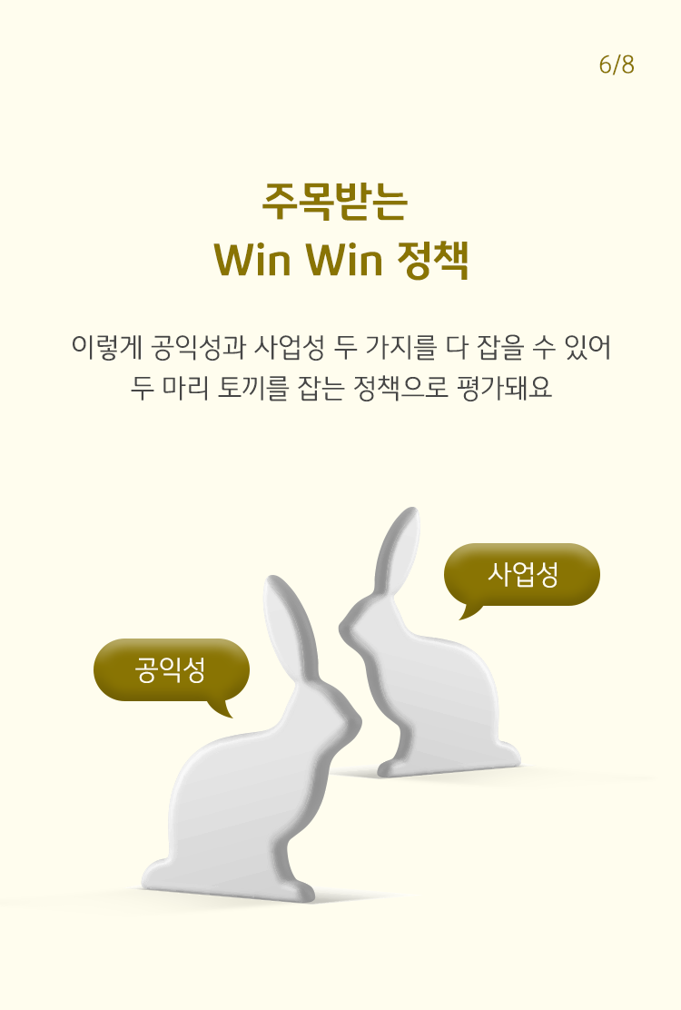 토끼 두 마리의 실루엣이 보이는 이미지. 각각의 토끼 위에는 말풍선이 띄워져 있다. 한 마리에는 "공익성"이라는 말풍선이, 다른 한 마리 위에는 "사업성"이라는 말풍선이 있다.