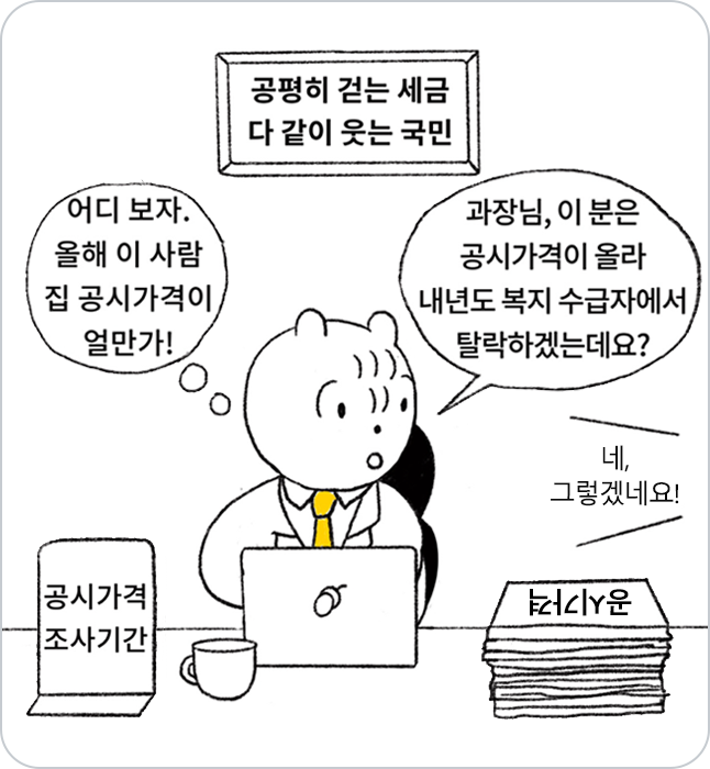 다람쥐 캐릭터가 노트북을 통해 '공시가격' 조사를 하고있다. 공시가격이 올라 복지 수급자에 탈락할것 같다고 과장님께 보고하고 있다.