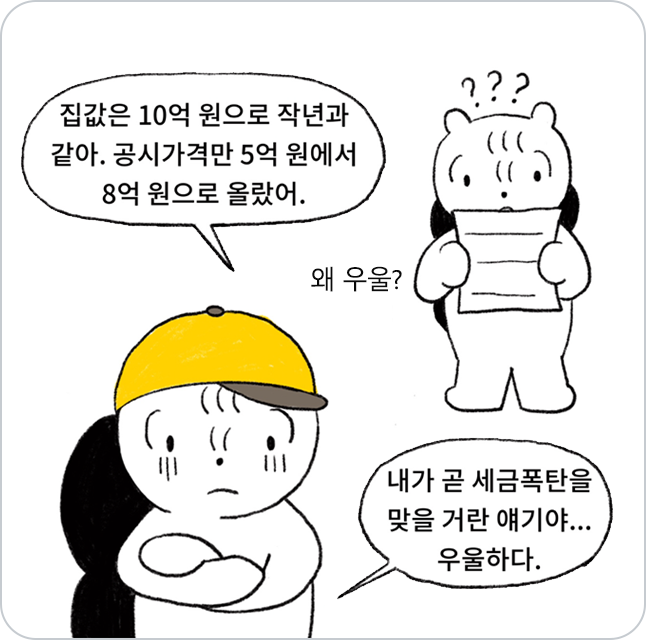 모자쓴 다람쥐 캐릭터가 공시가격이 올라 세금폭탄을 맞을 거란 생각에 우울해 하고 있다.