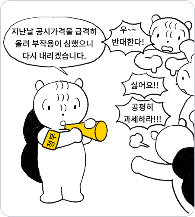 정부가 급격히 올린 공시가격에 부작용이 심하다고 생각하여 다시 내린다고 제시하고 있다. 그에 다른 시민들은 매우 반대 입장이 심한편이다.