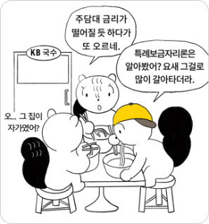 다람쥐 캐릭터 3명이서 국수를 먹고있다. 먹으면서 금리에 관해 얘기하고 있다.