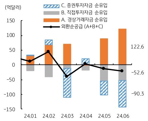 24년 1월 부터 24년 6월 까지 '외환순공급' 등에 대한 흐름을 그래프로 정리하였다.