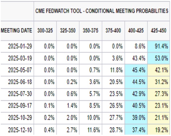 Fed Watch의 '미국' 25년 '금리인하' 전망을 표로 정리했다.