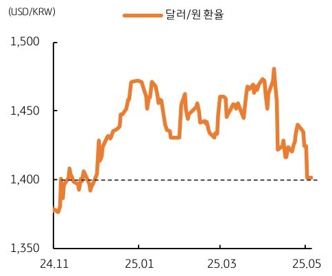 24년 11월 부터 25년 5월 까지 '달러/원 환율' 추이를 그래프로 정리했다.
