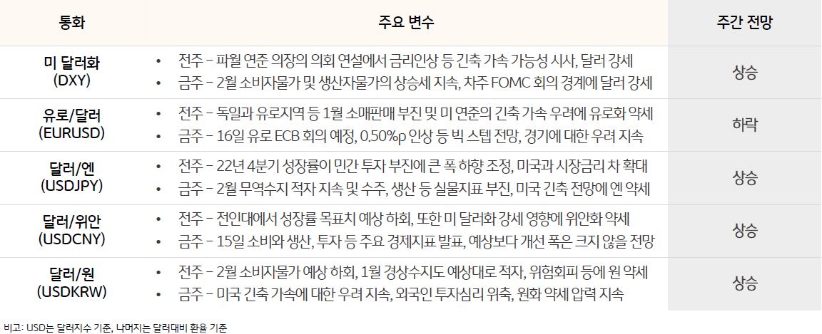 5개국 화폐의 '일주일 전망'과 '변수'가 되는 사항을 작성한 표. 5개국의 통화는 'USD','EUR','JPY','CNY','KRW'로 구성됨. 통화 별로 '변수'를 두 가지씩 써져있음. '주간 전망'의 경우 강세나 약세로 평가. 'USD'는 달러 지수 기준으로, 나머지 통화는 달러 대비 환율이 기준이다.