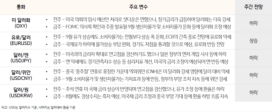 5개국 화폐의 '일주일 전망'과 '변수'가 되는 사항을 작성한 표. 5개국의 통화는 'USD','EUR','JPY','CNY','KRW'로 구성됨. 통화 별로 '변수'를 두 가지씩 써져있음. '주간 전망'의 경우 강세나 약세로 평가. 'USD'는 달러 지수 기준으로, 나머지 통화는 달러 대비 환율이 기준이다.