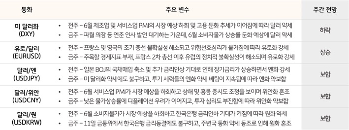 '주요 통화'의 '동향 및 전망'을 정리한 표로 달러와 주요 통화간의 주간 전망 방향과 변수를 보여준다.