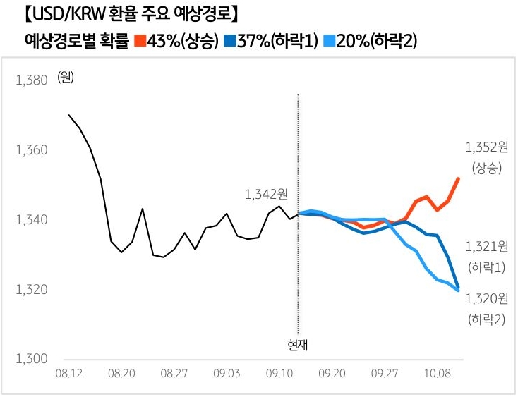 '달러/원 환율'의 예상 경로를 확률에 따라 상승, 보합, 하락으로 정리하여 그래프로 표현하였다.