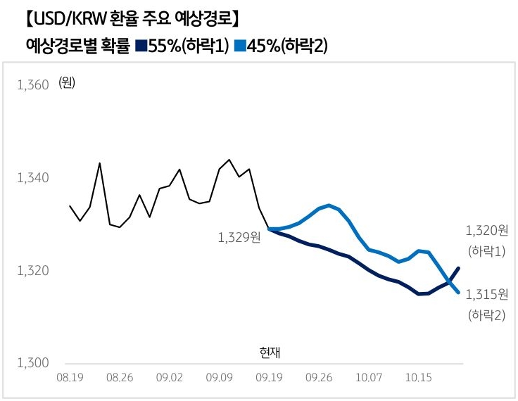 '달러/원 환율'의 예상 경로를 확률에 따라 상승, 보합, 하락으로 정리하여 그래프로 표현하였다.