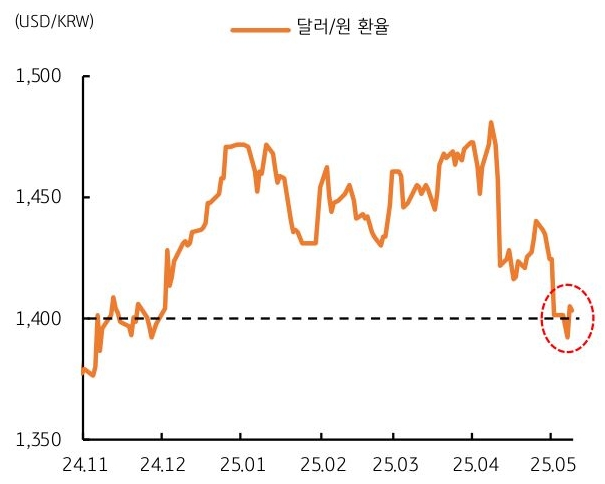 24년 11월 부터 25년 5월 까지 '달러/원 환율' 추이를 그래프로 정리했다.