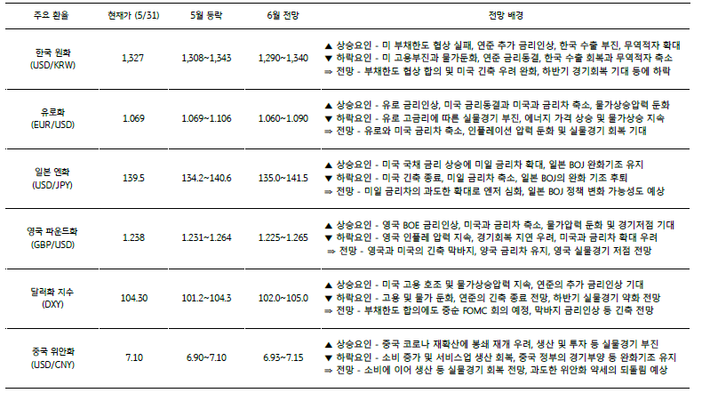 6월의 주요 환율에 대한 전망을 표로 나타낸것이다. 주요 환율에는 한국 원화, 유로화, 일본 엔화, 영국 파운드화, 달러화 지수, 중국 위안화 가 있으며 각 전망 배경도 나와있다.