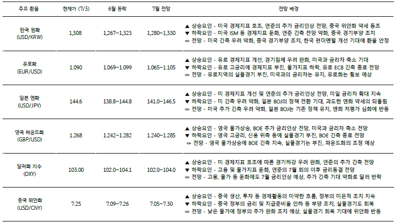 7월의 주요 환율에 대한 전망을 표로 나타낸것이다. 주요 환율에는 한국 원화, 유로화, 일본 엔화, 영국 파운드화, 달러화 지수, 중국 위안화 가 있으며 각 전망 배경도 나와있다.