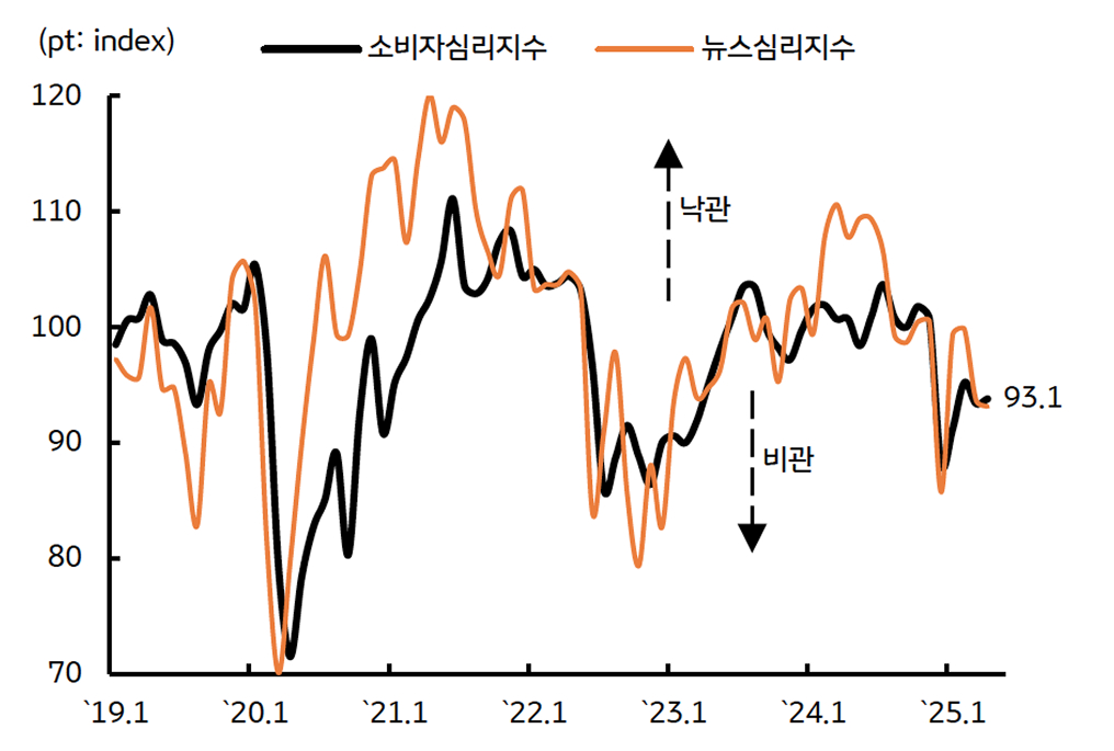 '탄핵 인용'에도 '소비심리 회복 속도'가 '둔화'됨을 보이는 그래프이다. 성장 하방리스크가 심화되었다.