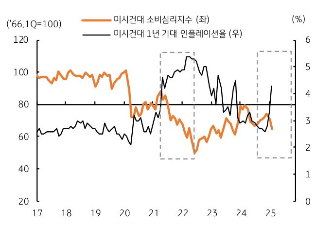 '미국 소비심리'가 '위축'되고 '기대 인플레이션'이 '급등'함을 보여주는 그래프이다.