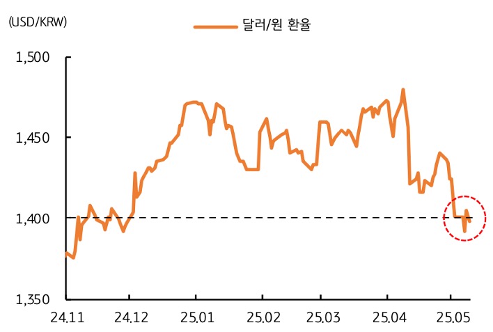 24년 11월 부터 25년 5월 까지 '달러/원 환율' 추이를 그래프로 정리했다.