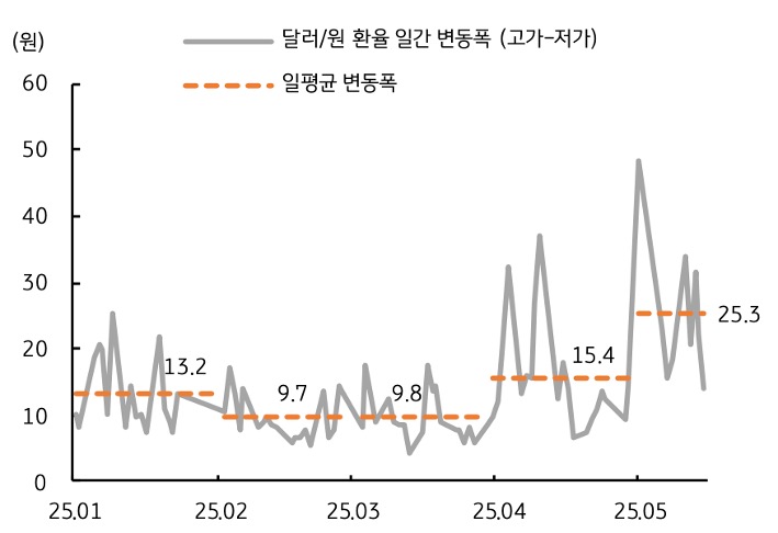 25년 1월 부터 25년 5월 까지 '달러/원 환율' 일간 변동폭, 일평균 변동폭 추이를 그래프로 정리했다.