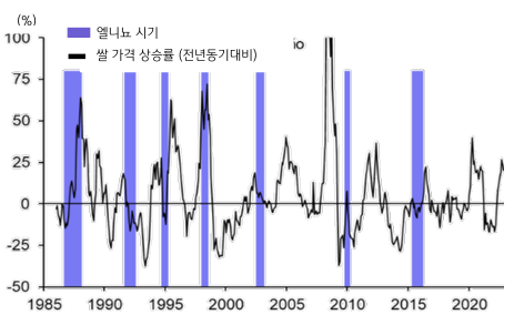 1985년부터 2023년까지의 '쌀 가격' 변동과 '엘니뇨' 발생 시기를 결합하여 나타낸 그래프. 엘니뇨 발생 시기에 맞추어 쌀 가격의 폭등이 관측됨.