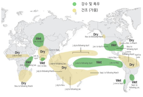 전 세계적 '강우량' 추이를 나타내는 세계지도. '아시아' 대부분 범위에 건조기후로 인한 가뭄이 발생한 상황.