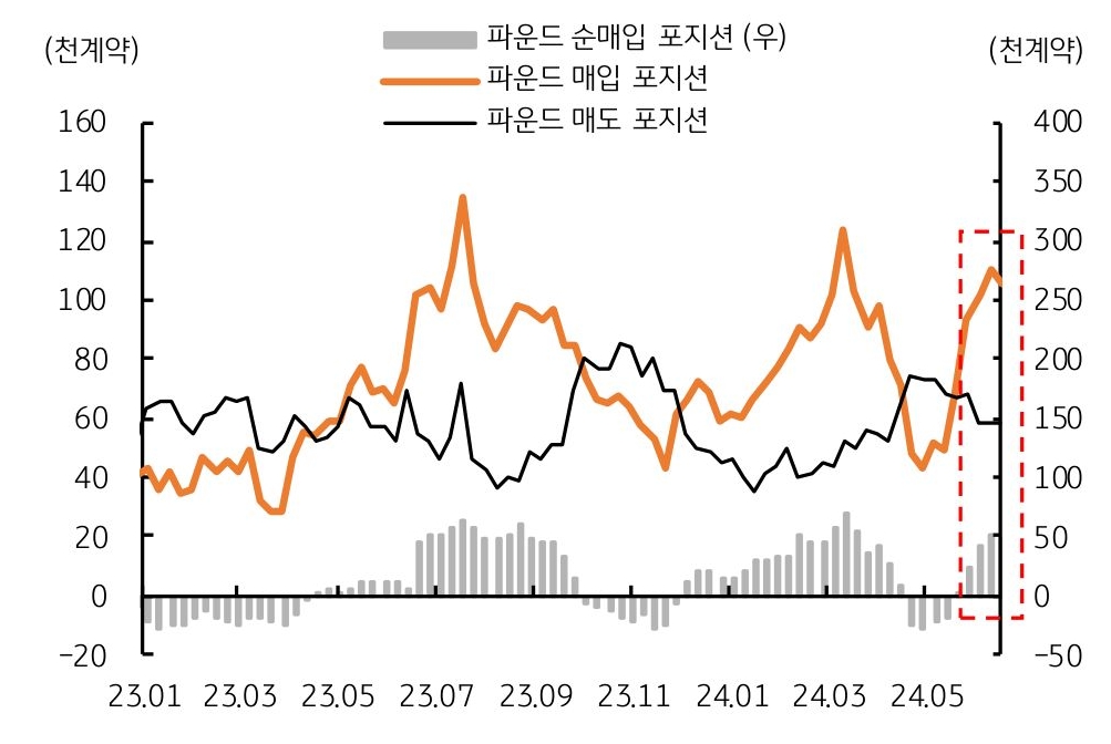 23년 1월부터 24년 5월까지 '파운드 매입' 및 '매도' 포지션을 나타낸 그래프이다. 