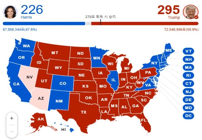 '미국 대통령 선거' 결과를 보여주는 지도로 '트럼프'가 '295석'을 확보해 압승했다는 걸 보여준다.