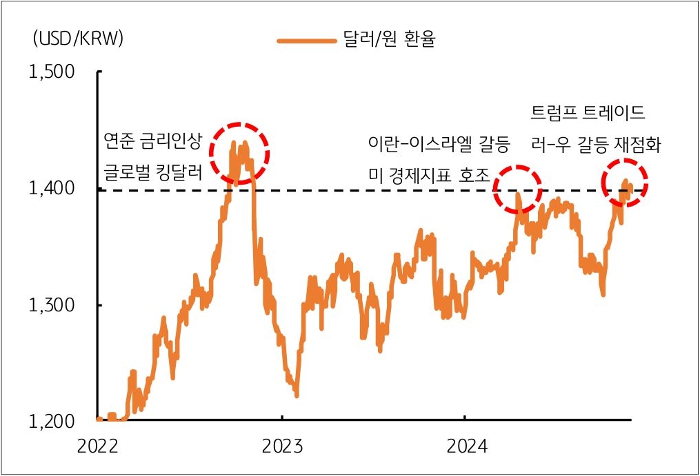 2022년부터 2024년까지 '달러/원 환율'의 흐름을 그래프로 정리했다.