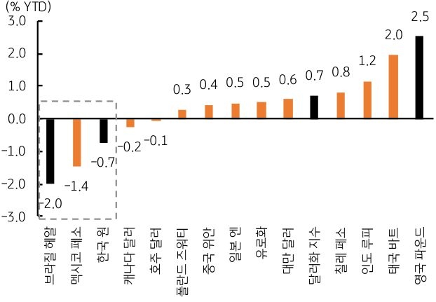 '2025년' '연초' 이후 '주요국 통화'의 '달러 대비 절하율'을 보여주는 그래프다.