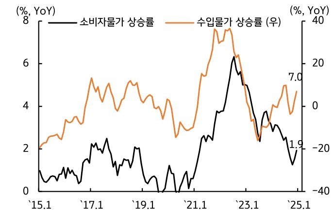 '환율 상승'으로 인한 '수입물가' '상승'은 물가에 '부담'요인임을 보여주는 그래프이다.