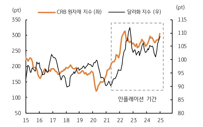 2021년 '인플레이션' 기간 동안 원자재와 달러화의 동조화를 보여주는 그래프다.