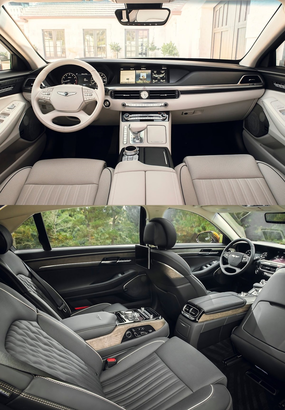 '제네시스 G90'의 차량 내부 사진. 국내 소비자의 선호에 맞는 넓은 뒷좌석과 리클라이닝 각도, 그리고 다양한 편의장비를 갖추고 있다.