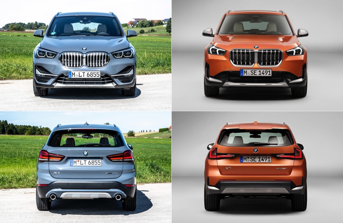 'BMW X1'의 전 세대와 신형 모델의 전방 및 후방 사진. 전면부의 경우 그릴이 커지고 헤드램프가 날카로워졌으며, 후면부는 테일램프 형상이 변경되었다