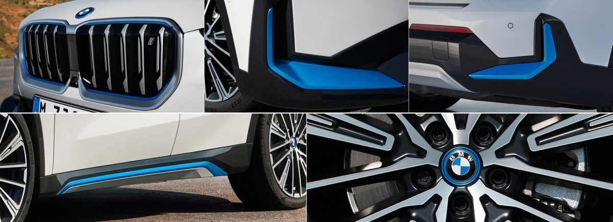 'BMW iX'의 차량 요소를 보여주는 사진. 그리로가 엠블럼 테두리, 앞뒤 범퍼 양끝과 측면 하단을 파란색으로 처리하여 내연기관 모델과 구분하였다.