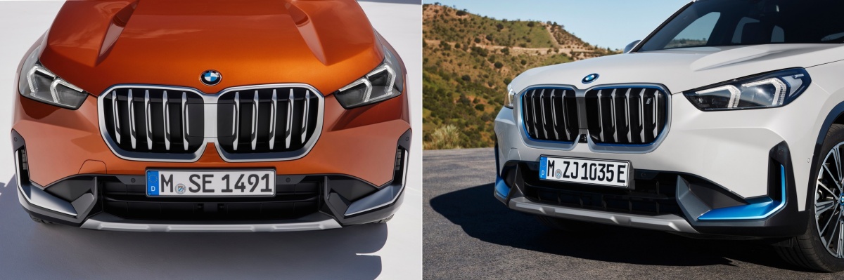 'BMW X1'과 'BMW ioX1'의 그릴 사진. 두 차량의 그릴 모야응ㄴ 같지만, iX1의 그릴은 닫혀있고 X1의 그릴은 액티브 플랩 기능을 갖추고 있다.