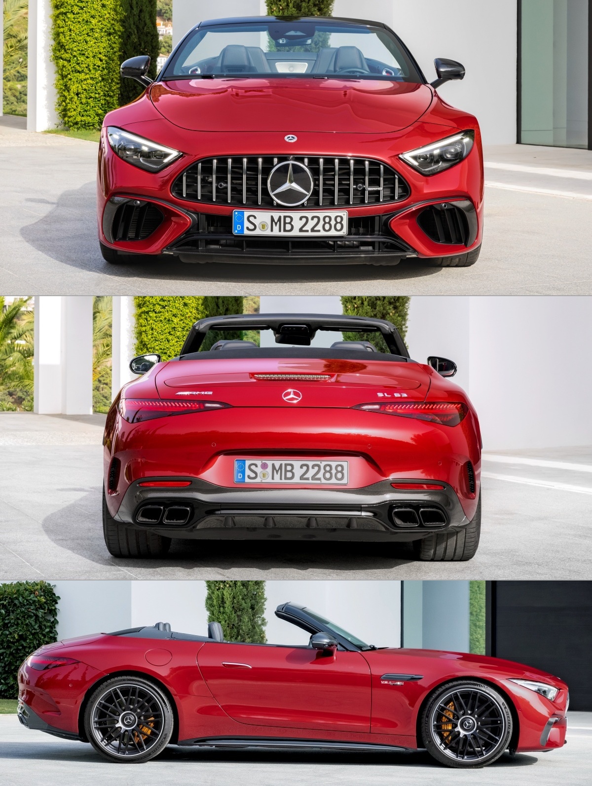 'AMG SL'의 차체 사진. AMG SL은 SL의 전통인 긴 휠베이스와 보닛, 경사진 전면 유리와 AMG전용 그릴을 배치하며 전통과 최신 디자인을 결합하였다.