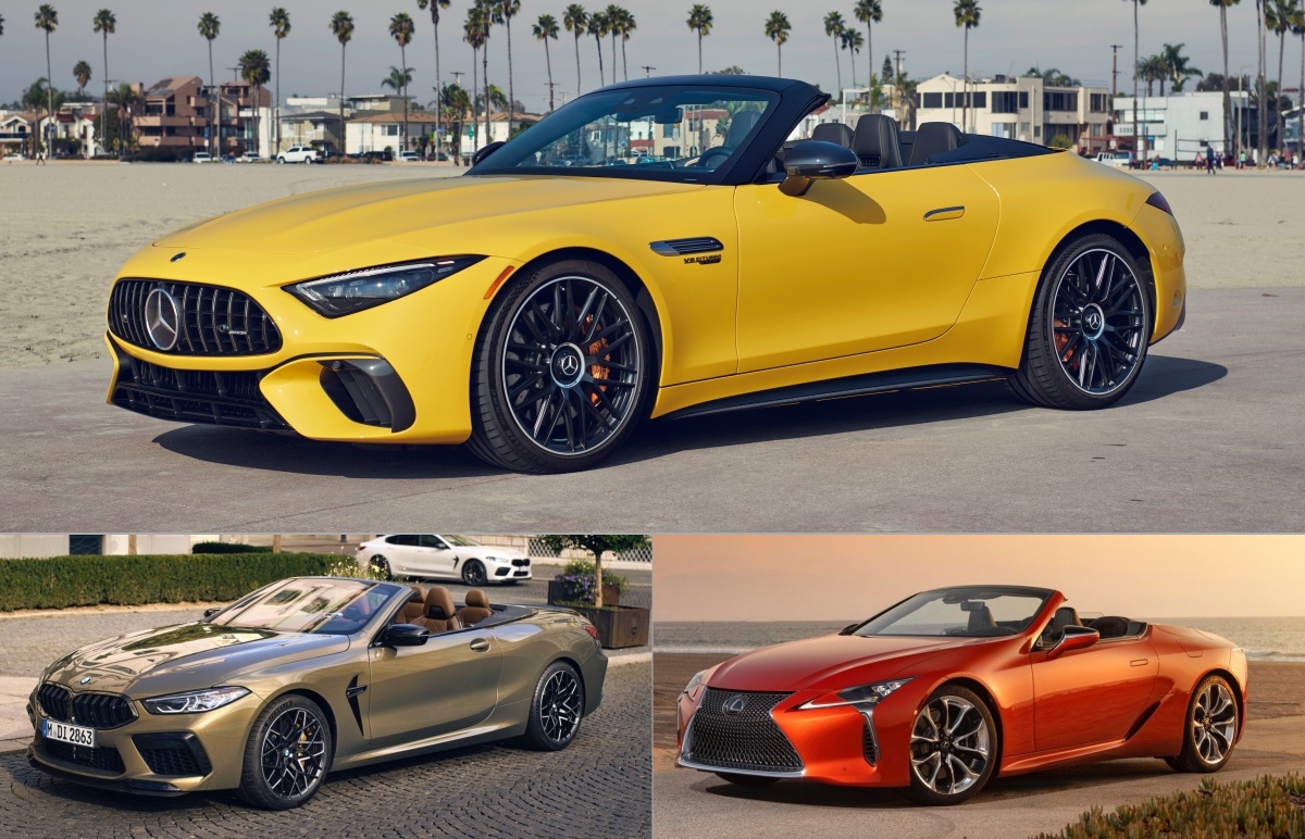 신형 'AMG SL'과 'BMW M8 컴페티션 컨버터블', '렉서스 LC 500 컨버터블'의 차체 사진. 다만 국내 시장 기준으로는 8시리즈 컨버터블과 LC 500 고성능 모델은 들어오지 않아 SL 독무대로 볼 수 있다.