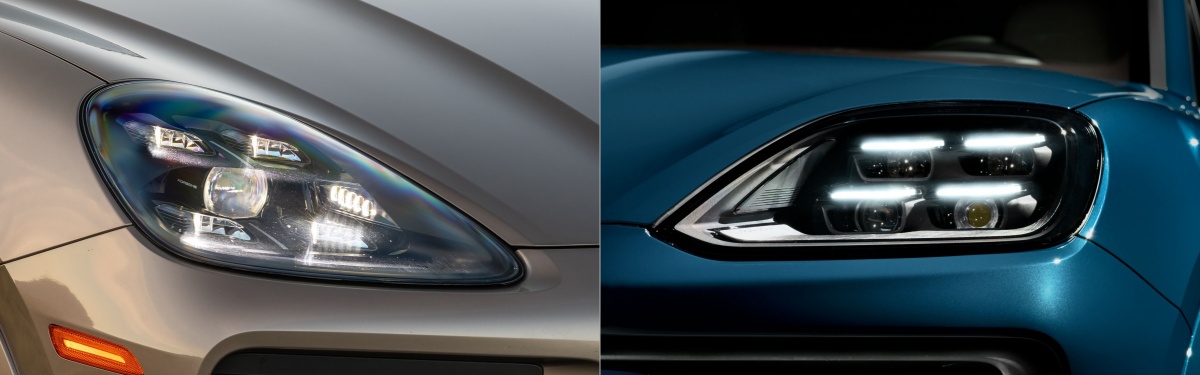 포르쉐 '카이엔'의 헤드램프 변경 전과 후의 모습을 비교한 사진. 부분 변경 이후에는 매트릭스 LED 헤드램프가 달려, 주변 차에 눈부심을 유발하지 않도록 조명을 제어한다.