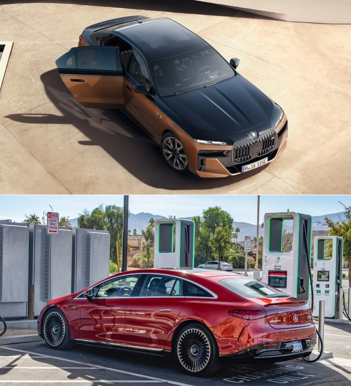 'BMW i7 M70'과 'AMG EQS 53'의 성능 비교 첨부 사진. 성능의 경우 i7 M70이 AMG EQS를 수치상으로 앞지른다. 단, EQS 53에서 옵션 채용 시 M70의 성능을 상회할 수 있다.