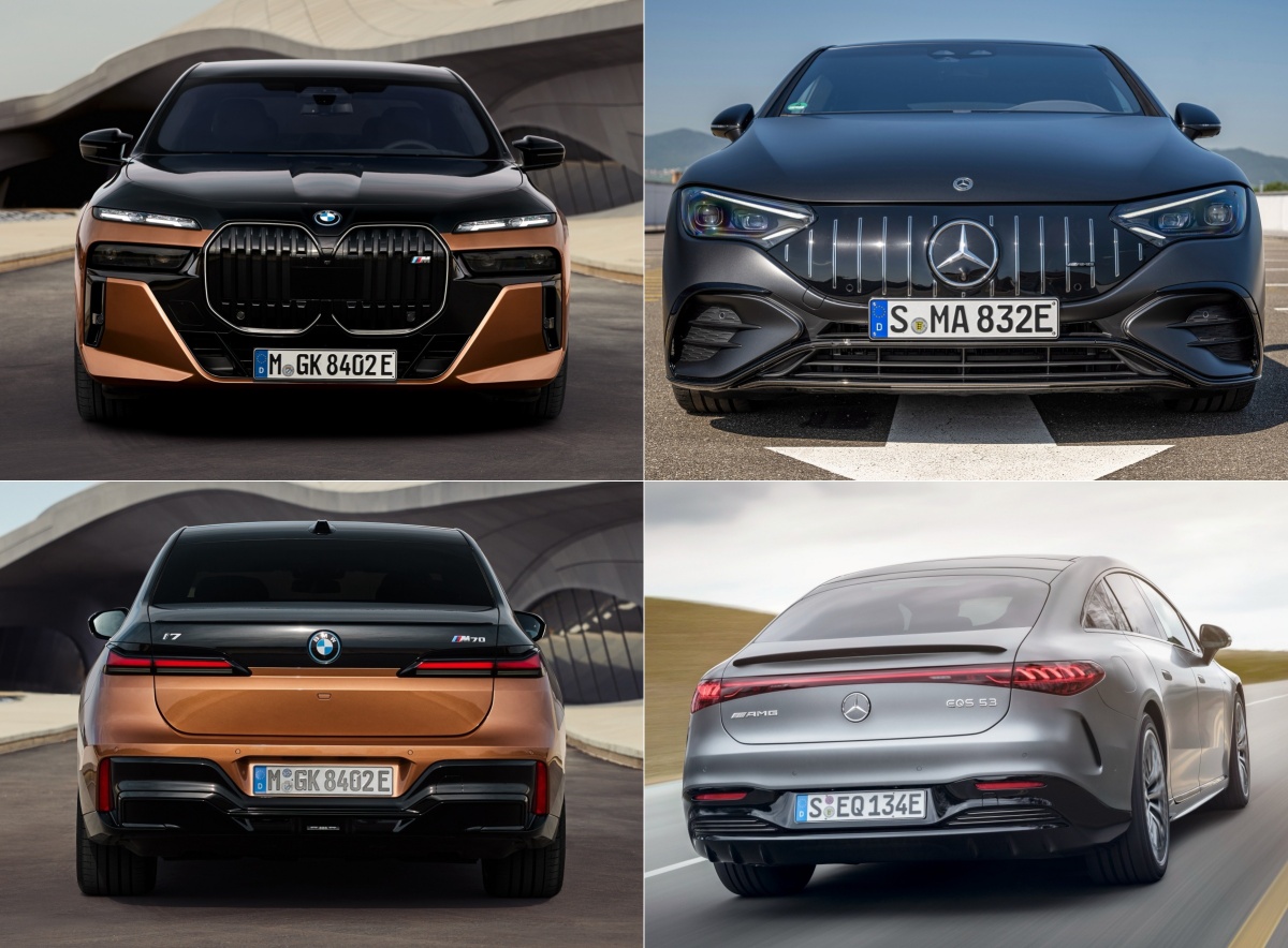 'BMW i7 M70'과 'AMG-EQS 53'의 디자인 차이를 보여주는 사진. M70의 경우 i7에 비해 큰 차이가 없지만, AMG EQS 53은 전기차 전용 모델으로 매끈하게 다듬은 차체를 보여준다.