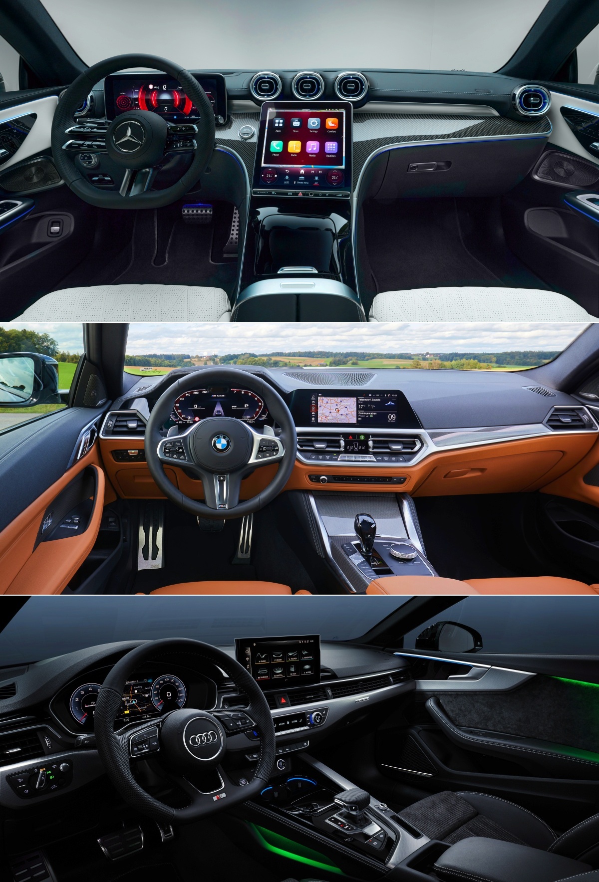 '벤츠 CLE 쿠페', 'BMW 4 시리즈 쿠페', '아우디 A5 쿠페'의 내부 사진이다.
