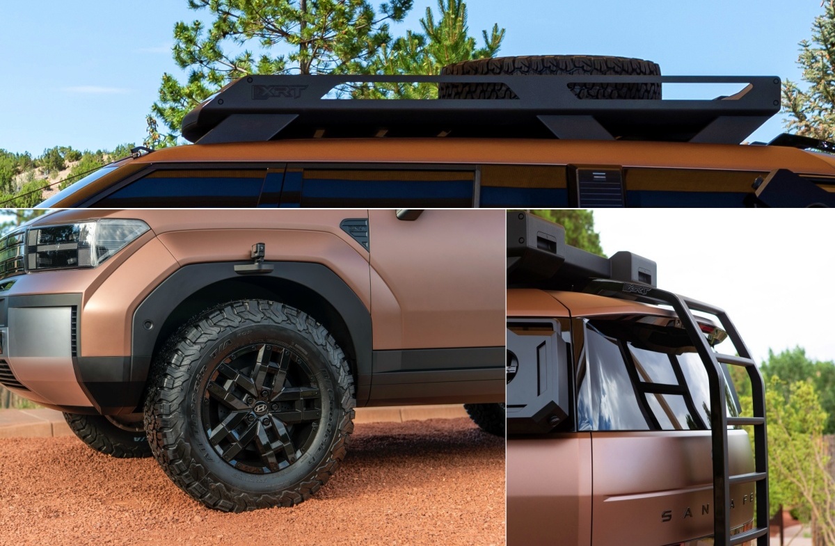 현대자동차에서 선보인 '싼타페 XRT' 컨셉트카의 특징을 보여주는 사진. 지붕에 설치된 루프 캐리어, 강화형 타이어와 지붕의 접근성을 향상하는 사다리가 설치됨.