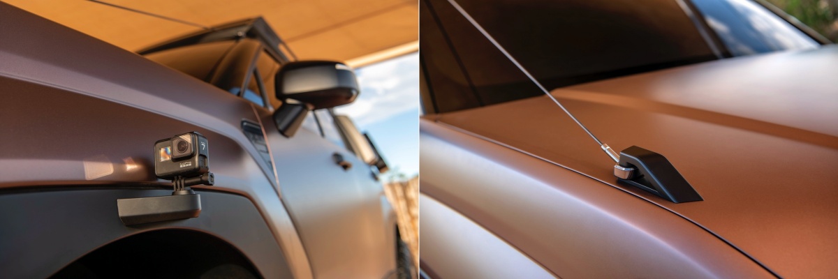 현대자동차에서 선보인 '싼타페 XRT' 컨셉트카의 앞쪽 휠아치를 보여주는 사진. 영상 촬영용 액션캠을 달 수 있는 마운트와 림 라이저용 고리가 설치되어 있음.
