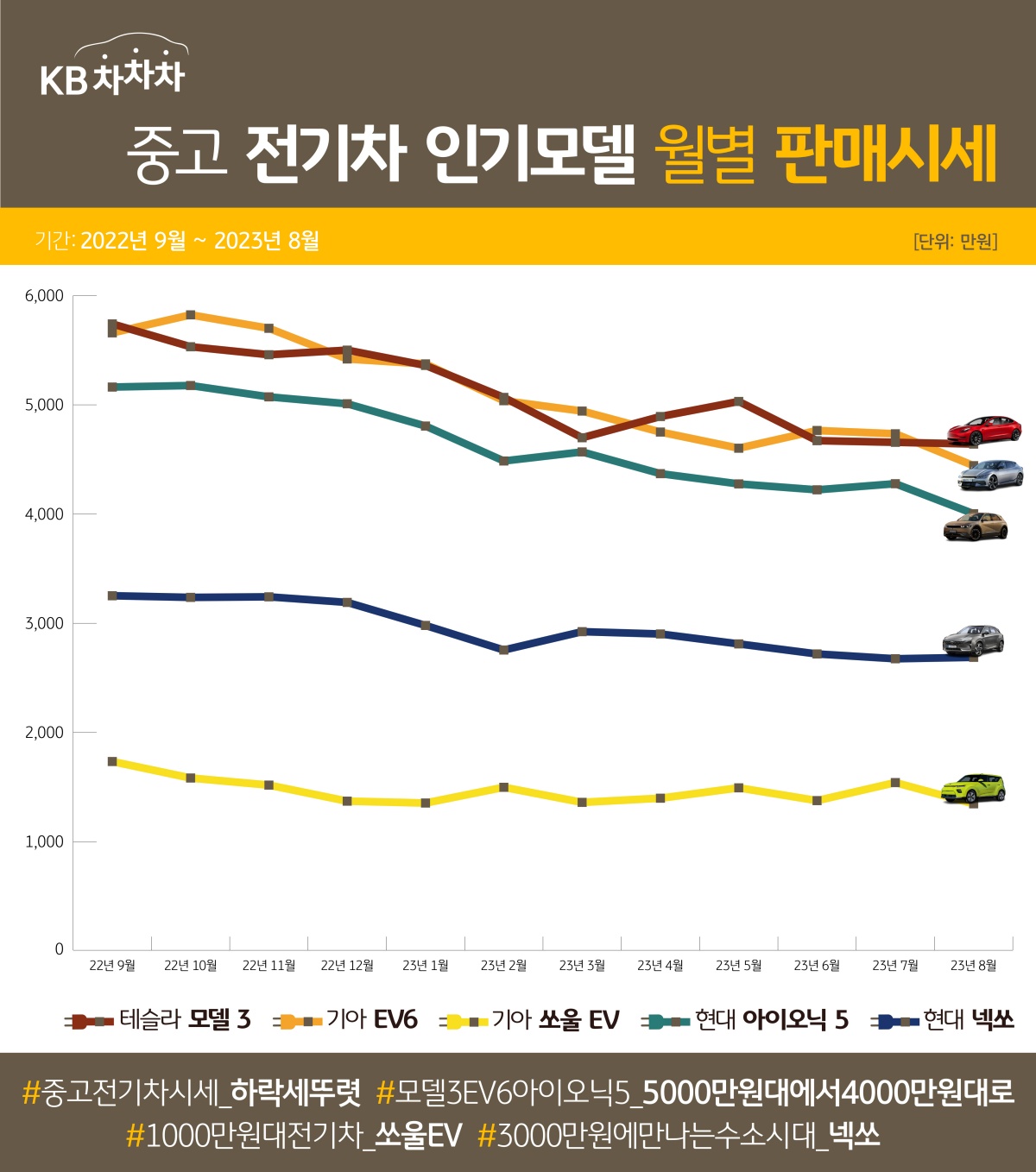 2022년 9월부터 2023년 8월까지의 중고 전기차들의 모델 별 판매시세를 나타낸 그래프. 전반적으로 전기차들의 판매시세가 하락하는 추이를 보인다.