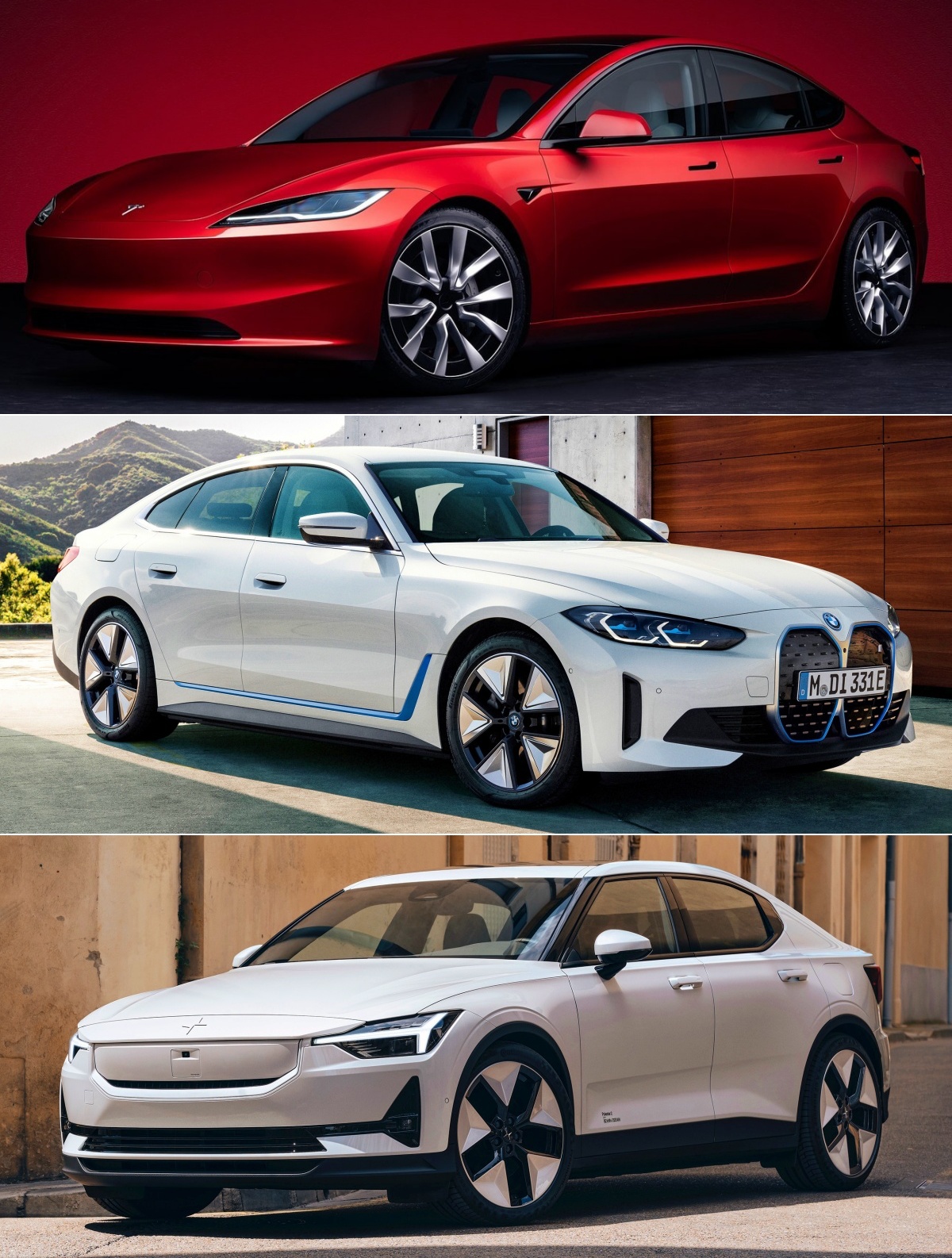 테슬라 모델 3 부분 변경, bmw i4, 폴스타2 등 세 차는 전기차라는 점만 같을 뿐 외관에서 유사점을 찾기는 힘듦.