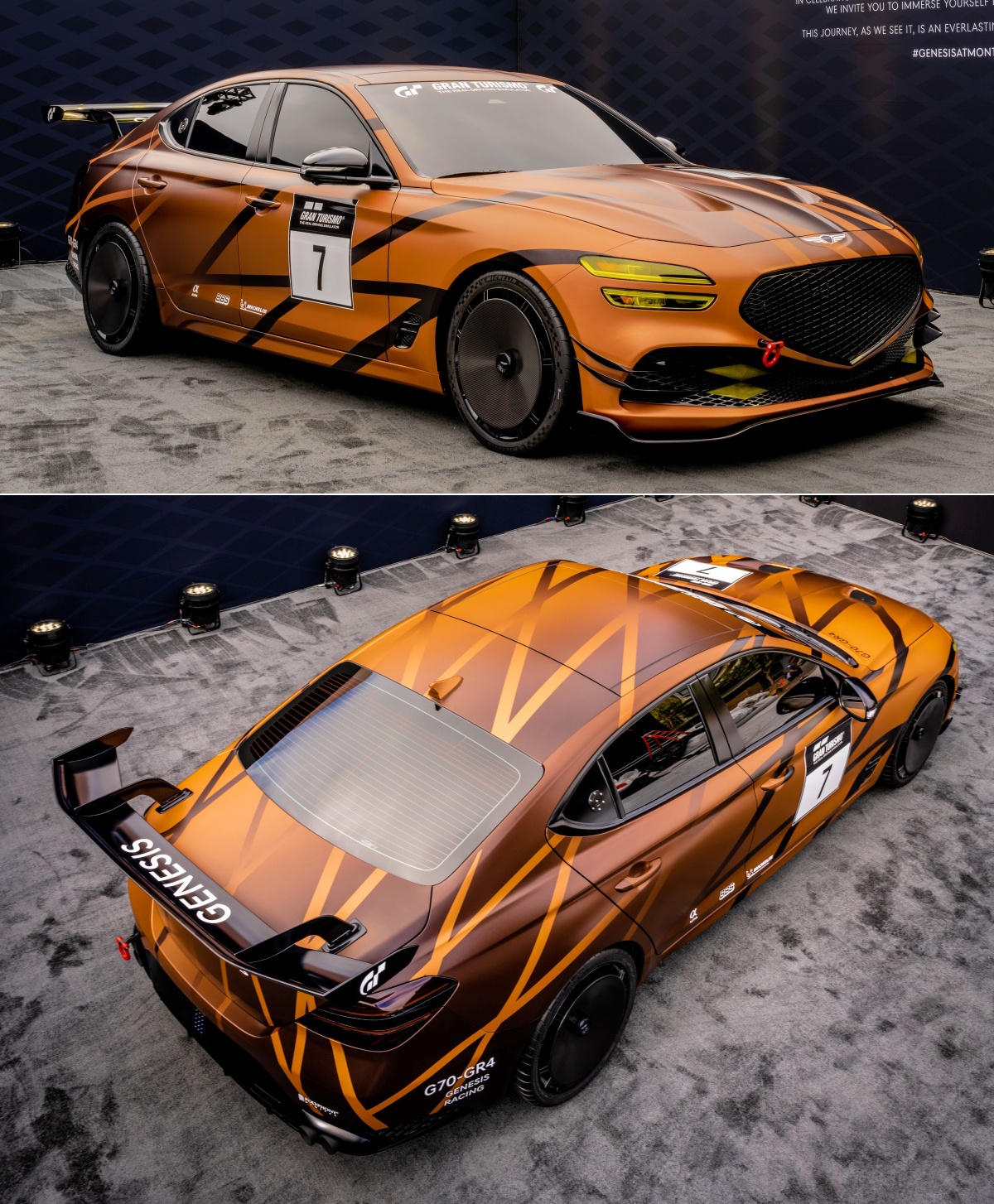 G70 GR4 GT는 FIA GT4 클래스를 겨냥합니다. GT4 클래스는 개조 범위가 제한적이어서 G70 GR4 GT는 기반이 된 G70의 특성이 뚜렷하게 남아 있습니다. 변형은 크지 않지만 제네시스 고유의 G-매트릭스 패턴과 리버리가 독특한 개성을 살립니다.