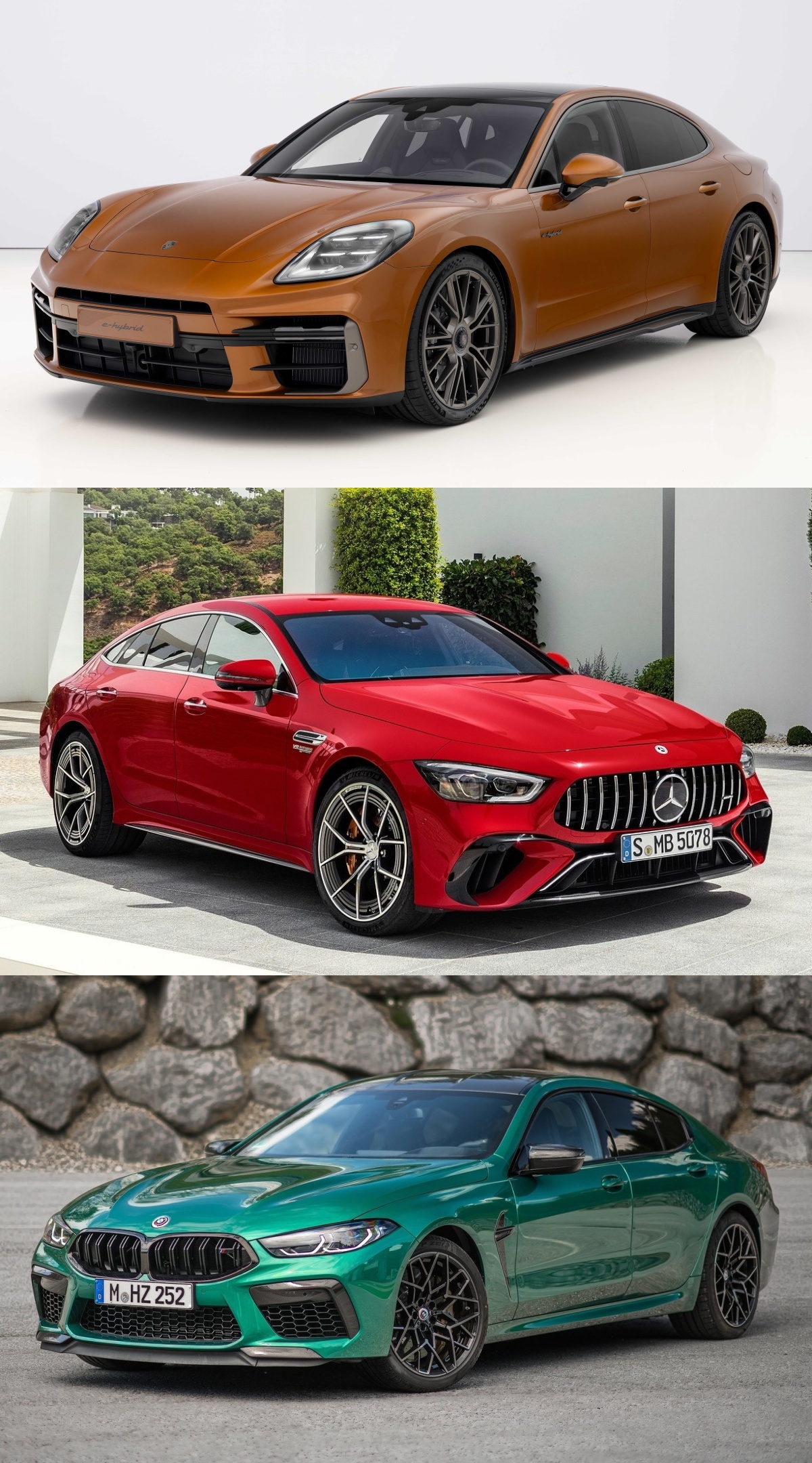 '포르쉐' 파나메라, 'AMG GT 4도어', 'BMW' 8시리즈 그란쿠페. 총 3대의 자동차가 있다.