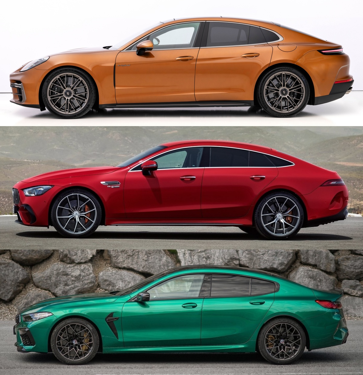  '포르쉐' 파나메라, 'AMG GT 4도어', 'BMW' 8시리즈 그란쿠페. 총 3대의 자동차가 있다.