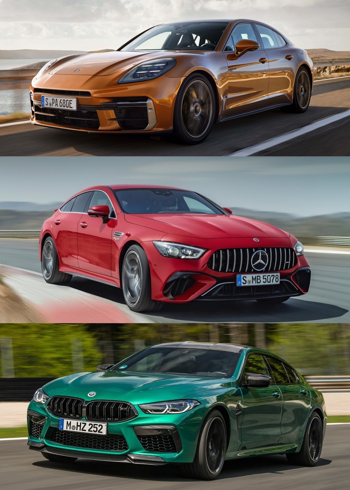 '포르쉐' 파나메라, 'AMG GT 4도어', 'BMW' 8시리즈 그란쿠페. 총 3대의 자동차가 있다. 도로를 달리는 사진.