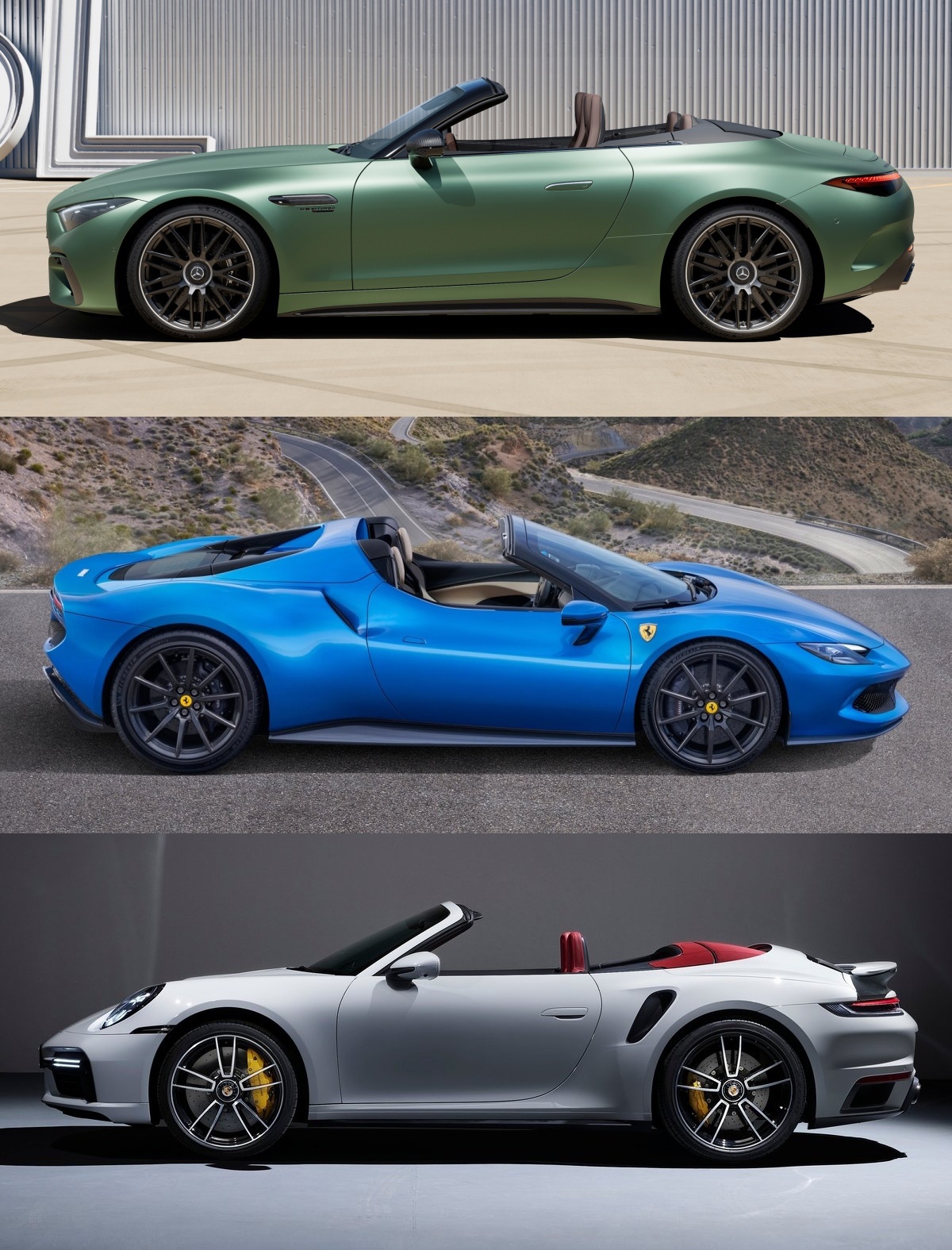(위부터) 메르세데스-AMG SL 63 S E 퍼포먼스, 페라리 296 GTS, 포르쉐 911 터보 S 카브리올레의 '옆모습'이 보이는 이미지이다.